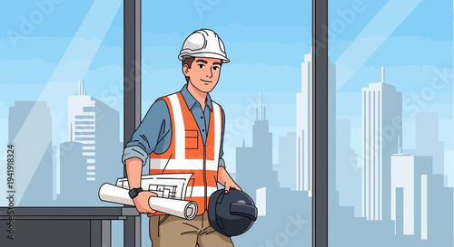 Confident Young Construction Engineer in Hard Hat and Safety Vest