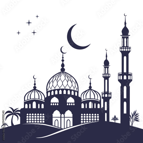 Mosque silhouette skyline with decorative domes and minarets at night