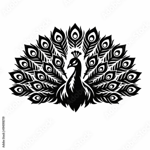 Ornate Peacock Silhouette Vector Art with Fanned Tail