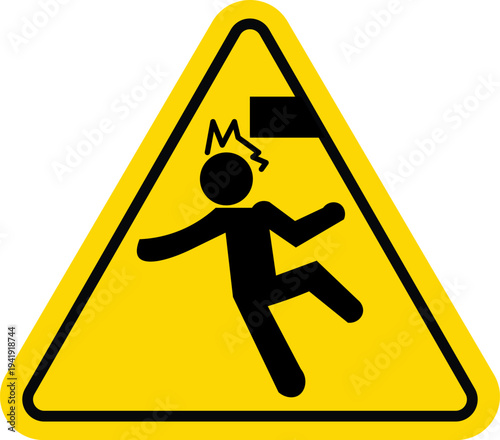 Caution Mind Your Head Warning Sign Vector; Yellow Triangle Hazard Signal for Low Head Clearance
