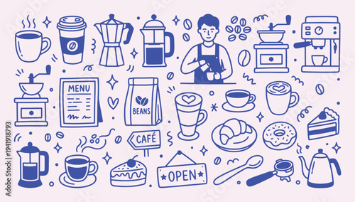 Coffee shop doodle collection with clean outline drawing. Barista, espresso machine, grinder, donut, kettle, beans. Cute elements for menu design, bakery branding and cafe marketing materials.