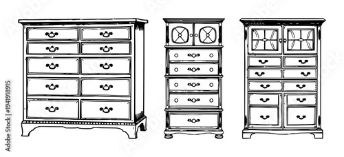 Apothecary cabinet set with detailed woodcut style illustration of a Victorian cabinet with multiple drawers featuring medicinal, glass, leather with white background and icon