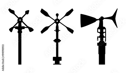 Wind gauge set with solid black silhouette and clean outlines featuring wind gauge, anemometer, weather station symbol with black and white and white background