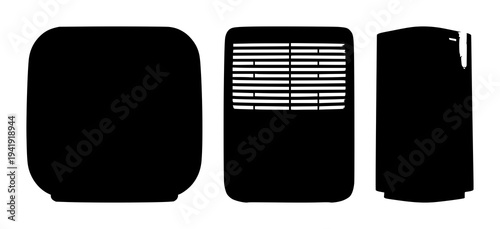 Air purifier set with solid black silhouette on white background featuring smart home, wellness, environmental tech with clean design and minimalist style