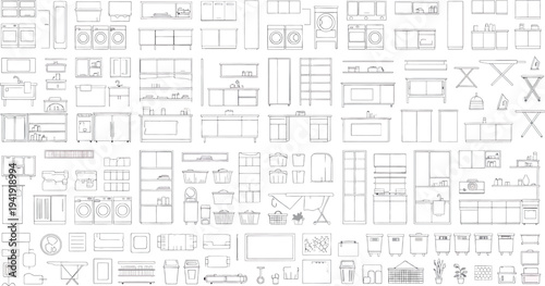 A blurry collection of architectural blueprints and schematics isolated on transparent background