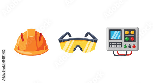 Safety gear and control panel icons: hard hat, goggles, and machinery interface