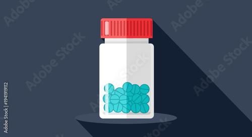 Medical container with blue pills and red cap on dark background in flat design
