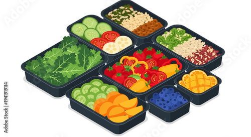 Isometric meal prep with fresh produce and colorful ingredients in containers
