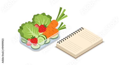 Healthy meal planning with fresh vegetables and a notebook on a white background