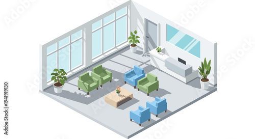 Isometric modern office lounge with large windows and comfortable seating