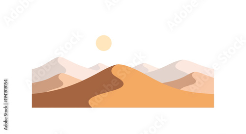 Minimalist desert landscape with rolling sand dunes and sun in soft earth tones