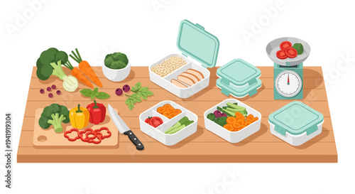 Healthy meal prep on wooden counter with vegetables, containers, and scale