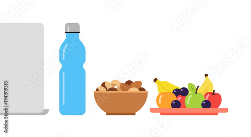 Healthy snack choices with nuts, fruits, and water bottle close to laptop