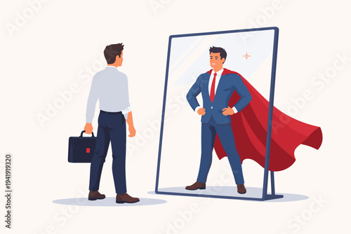 Vector illustration of a motivated businessman looking in a mirror and seeing himself as a powerful superhero with a red cape, symbolizing self-confidence, ambition, and professional success.