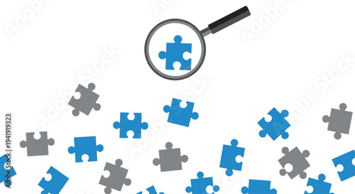 A magnifying glass is positioned at the top, sharply focusing on a single blue puzzle piece, with many other blue and grey pieces scattered below.