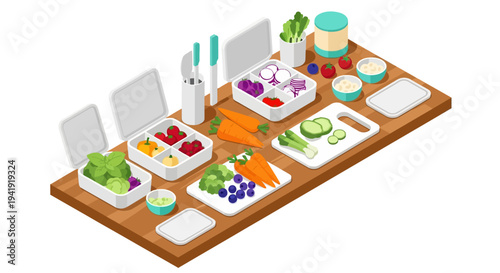 Isometric kitchen counters with fresh vegetables and cooking ingredients