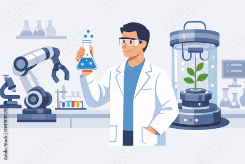 Male scientist in a lab coat holding a chemical flask in a modern laboratory with a robotic arm, plant growth capsule, microscope, and test tubes for biotechnology and scientific research.