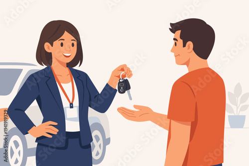 Professional Saleswoman Handing Over Car Keys to a Happy Male Customer at a Dealership, Flat Vector Illustration of Automotive Sales Transaction, Vehicle Rental or Purchase Concept Scene