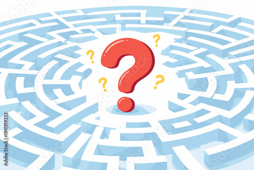 Vector Illustration of a Large Red Question Mark Lost in the Center of a Complex Circular Labyrinth Maze, Symbolizing Confusion, Uncertainty, Problem Solving, and Searching for Answers in Life.