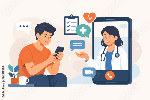 Patient using smartphone application for online medical consultation with professional doctor via video call, telemedicine and telehealth concept for digital healthcare service and remote advice