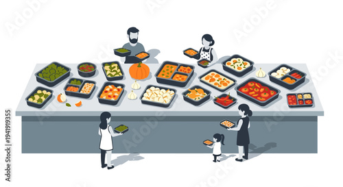 Family enjoying a festive buffet table with assorted seasonal foods in flat style