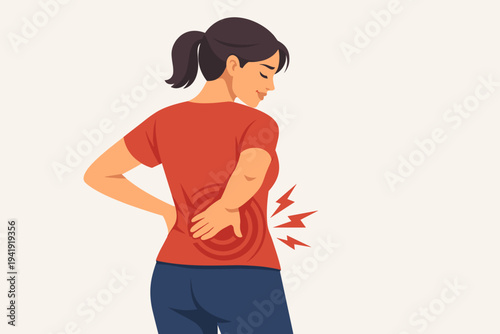 Vector illustration of a young woman suffering from acute lower back pain, touching her spine with red circles and lightning bolts indicating intense discomfort, ache, and injury on light background.
