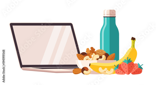 Healthy work setup with laptop, nuts, fruits, and water bottle on desk