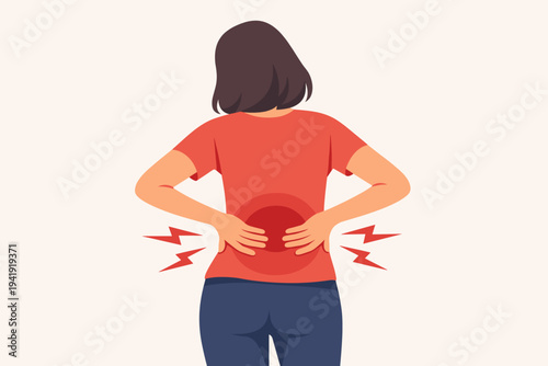 Woman suffering from lower back pain and lumbar spine ache, holding her back with hands, red circular pain indicators and lightning bolts, flat vector illustration for medical and healthcare.