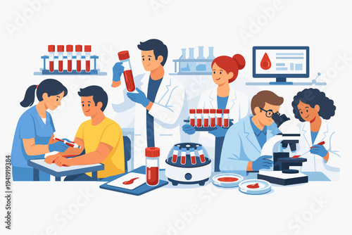Flat vector illustration of medical professionals in a laboratory performing blood tests. Doctors and lab technicians collect blood from a patient, analyze samples with a microscope and centrifuge.