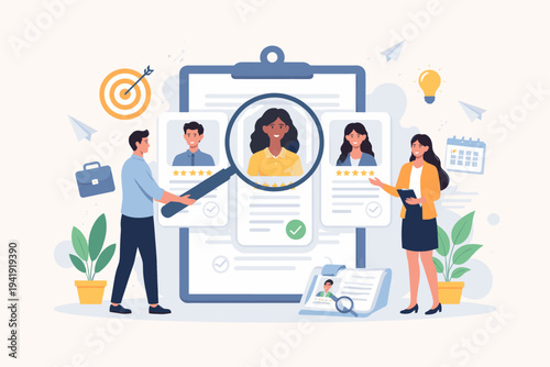 Recruitment Agency Choosing a Candidate to Hire. Flat Vector Illustration of Human Resources Team Reviewing Resumes and Job Applications with Magnifying Glass, Target, and Talent Acquisition.