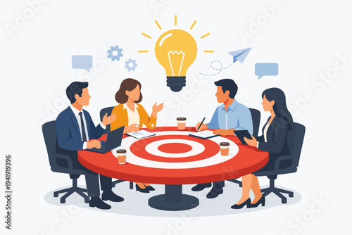 Professional business team sitting at a target-shaped table brainstorming creative ideas with a glowing light bulb. Concept of teamwork, strategic planning, innovation, and goal achievement.