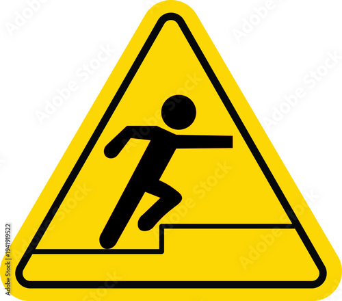 Yellow warning sign for tripping hazard with stick figure person stepping on uneven floor surface