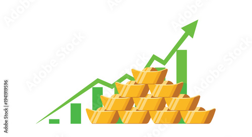 A prominent stack of golden ingots is positioned in the foreground against a white background, with a vibrant green upward-trending stock market graph behind it.