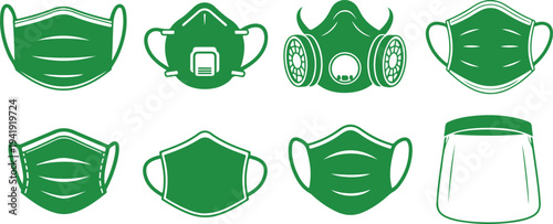 Collection of various types of protective face masks and respirators in green color isolated on transparent background