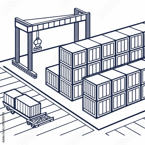 Gantry crane and containers at a shipping yard, illustrating industrial logistics and operations
