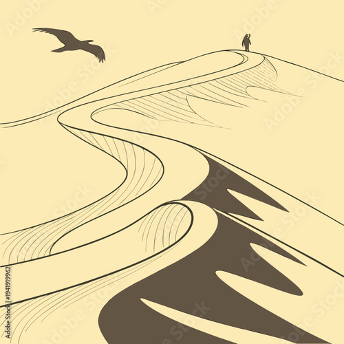 Silhouette of a person standing atop a desert dune with a soaring bird, rendered in a minimalist graphic style with swirling sand