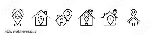 Home and location pin outline icon set featuring house real estate and map point for property navigation and residential address and more vector illustration or editable stroke