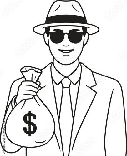 A confident man in a fedora and sunglasses holding a money bag.