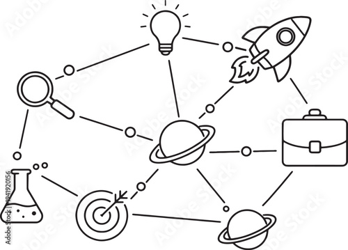 Connected network of business and science outline icons of global strategy