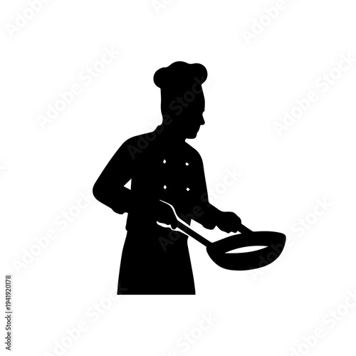 Chef silhouette cooking with frying pan in kitchen