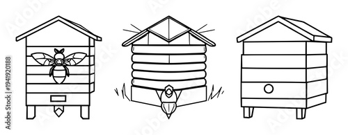 Smart beehive icon set with geometric lines and minimal shapes featuring high-tech, sustainable apiculture, modern design with iconography and white background