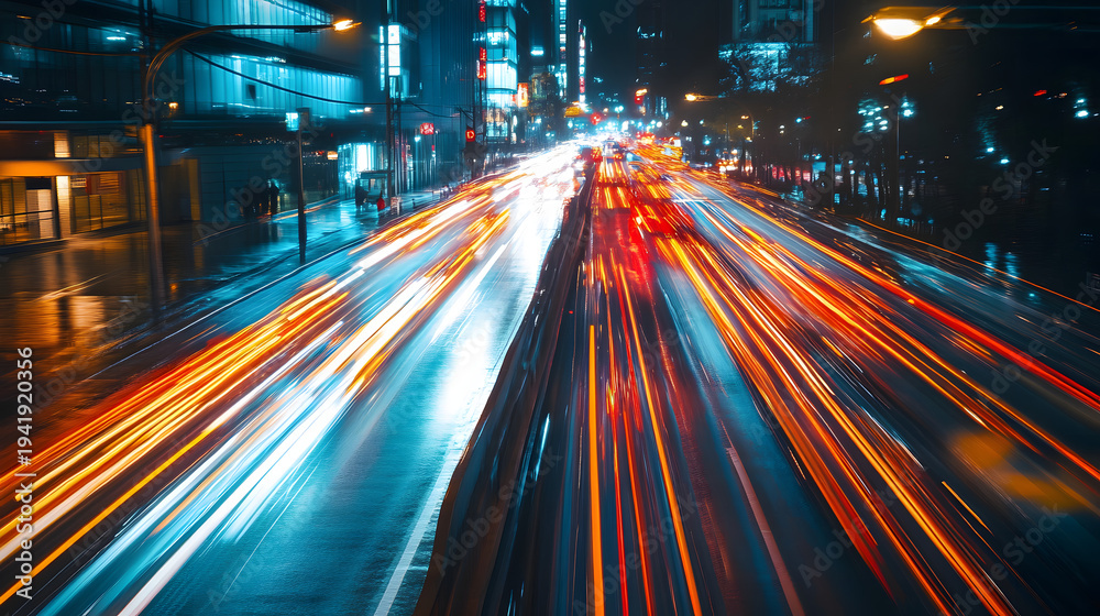 Obraz premium Speeding light flows through a city in an intricate lighting design, symbolizing smart city tech.