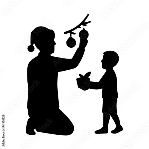 Parent and child decorating christmas tree with ornaments