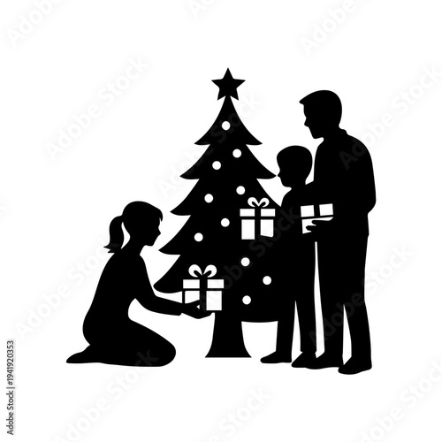 Family celebrating christmas, giving gifts under tree