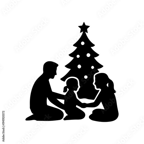 Family celebrating christmas under tree silhouette