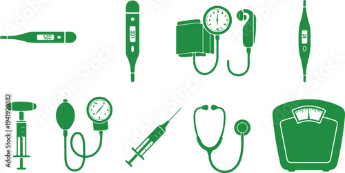 Collection of medical and health monitoring equipment icons isolated on transparent background