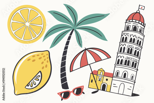 A colorful vector illustration of a summer vacation theme featuring a lemon, palm tree, and Italian landmark