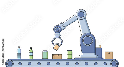 A blue and grey robotic arm picks up a silver can from a conveyor belt carrying bottles, cans, and boxes on a white background.