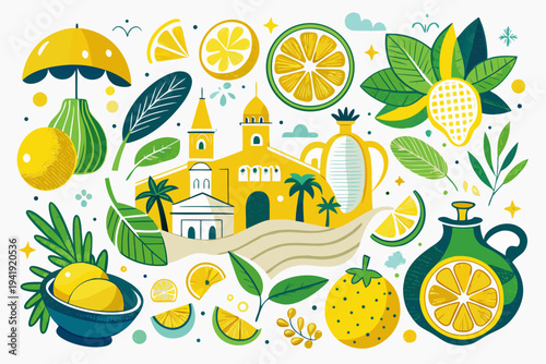 A vibrant vector illustration of a tropical town surrounded by citrus fruits and lush greenery in a colorful flat design