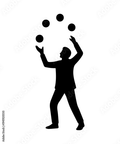 Businessman juggling multiple tasks balancing workload silhouette